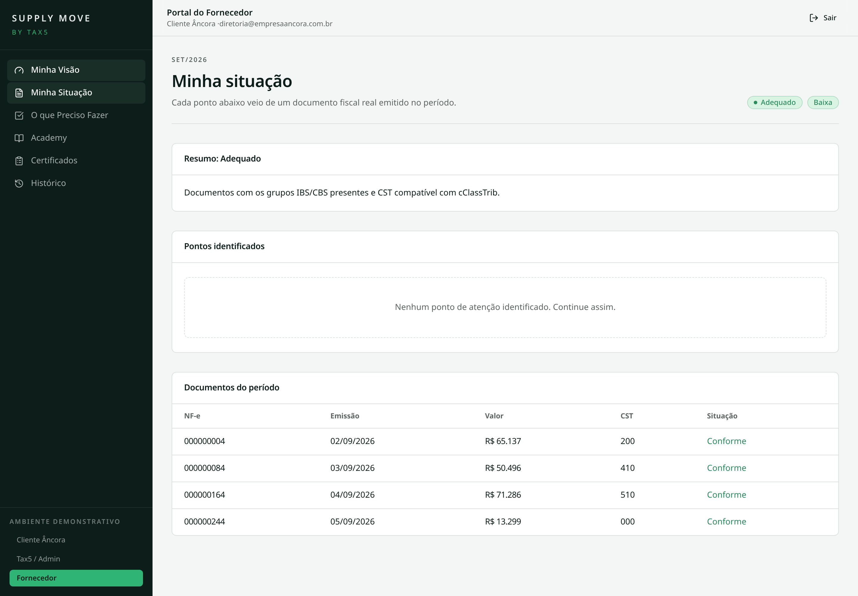Portal do fornecedor no Supply Move mostrando a própria situação, achados e ações