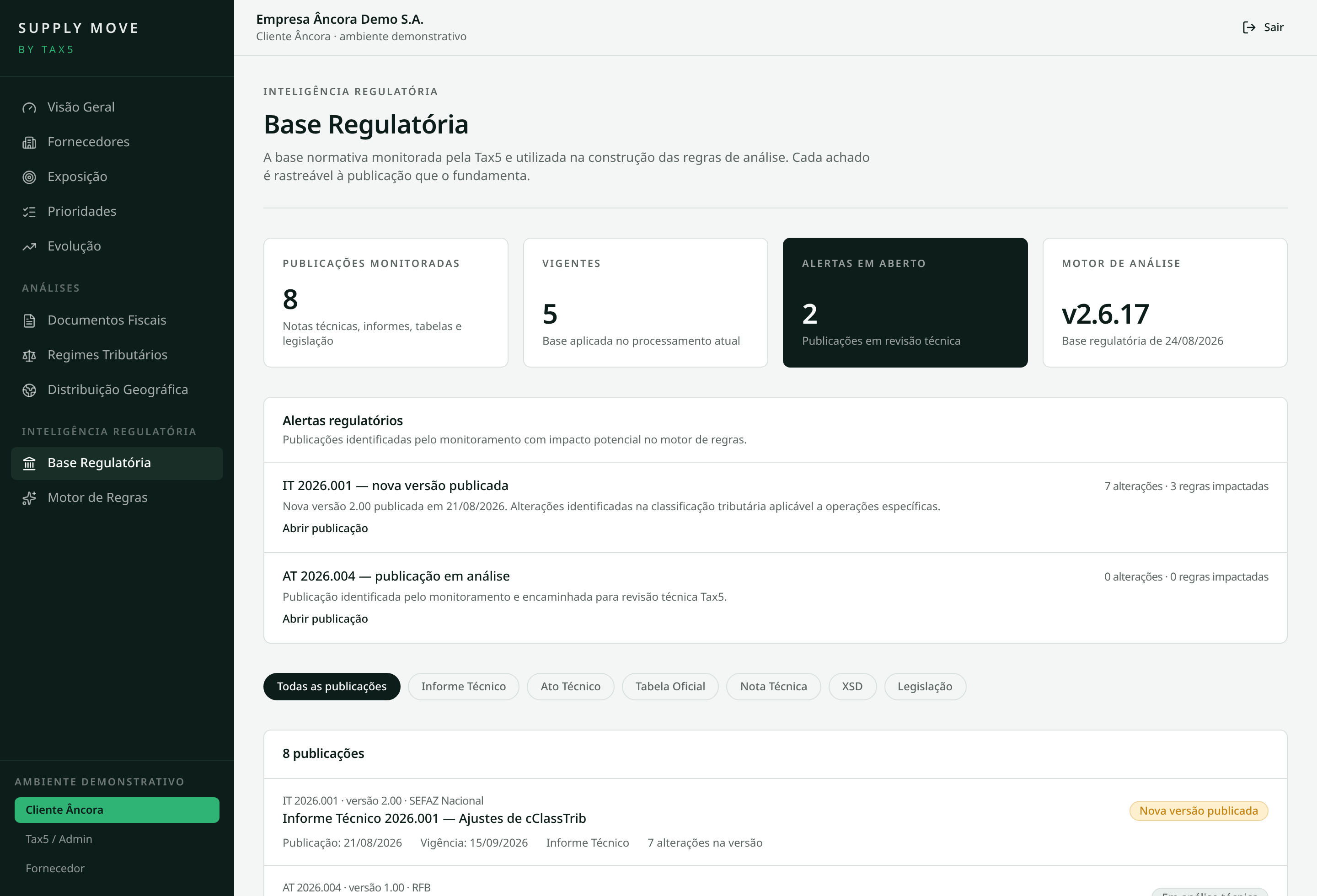 Base Regulatória do Supply Move com notas técnicas, informes, atos, tabelas oficiais, XSDs e legislação